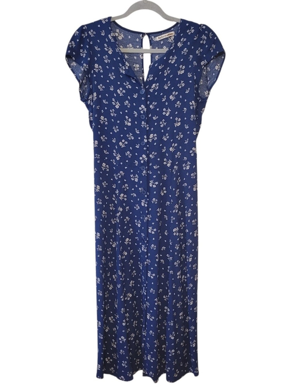 Reformation Maison Fauna Blue & White Floral Midi Dress Size 8 - Picture 2 of 6